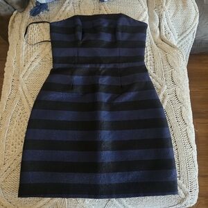 Hutch Strapless Dress in Black and Blue Stripes